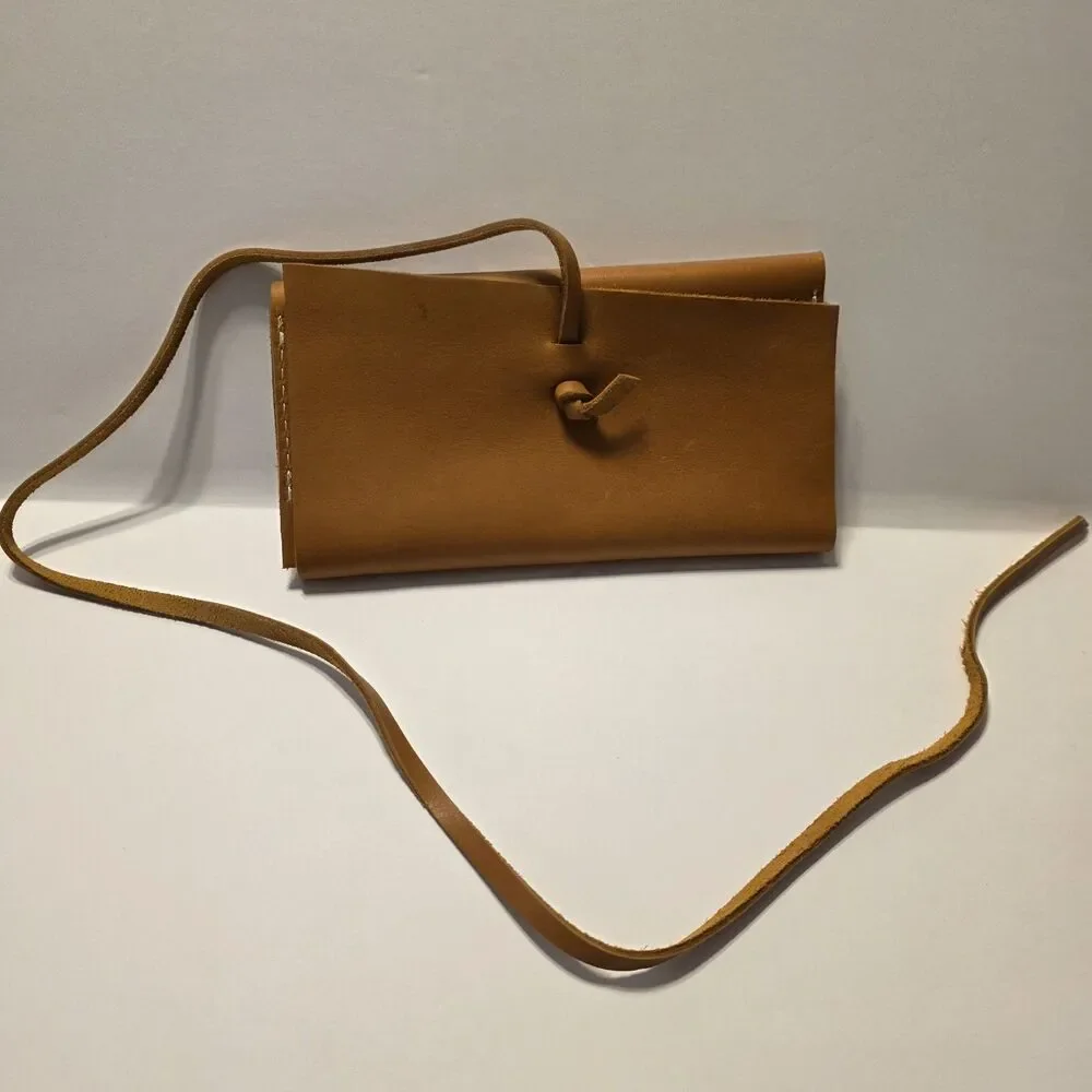 Brown Folding Wallet with Tie Closure, Stitched Accents, Unisex Solid Leather